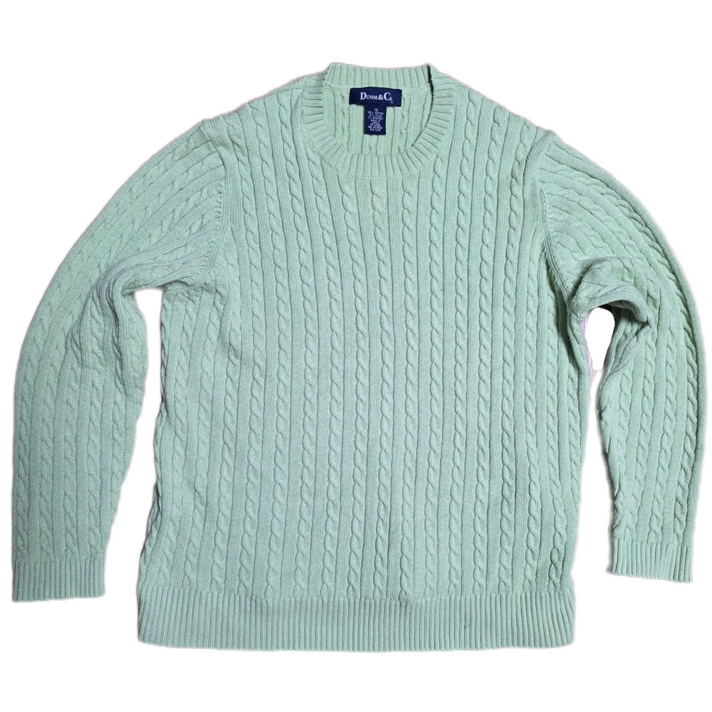 Denim & Co Womens Light Green Cable Knitโ Sweater Plus Size 1X Cotton Blend